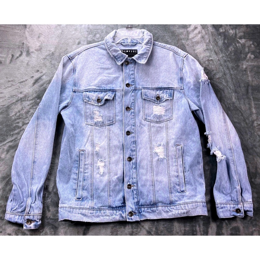 Empyre Denim Jacket Men's Large‎ Light Wash Distressed Button Front 100% Cotton